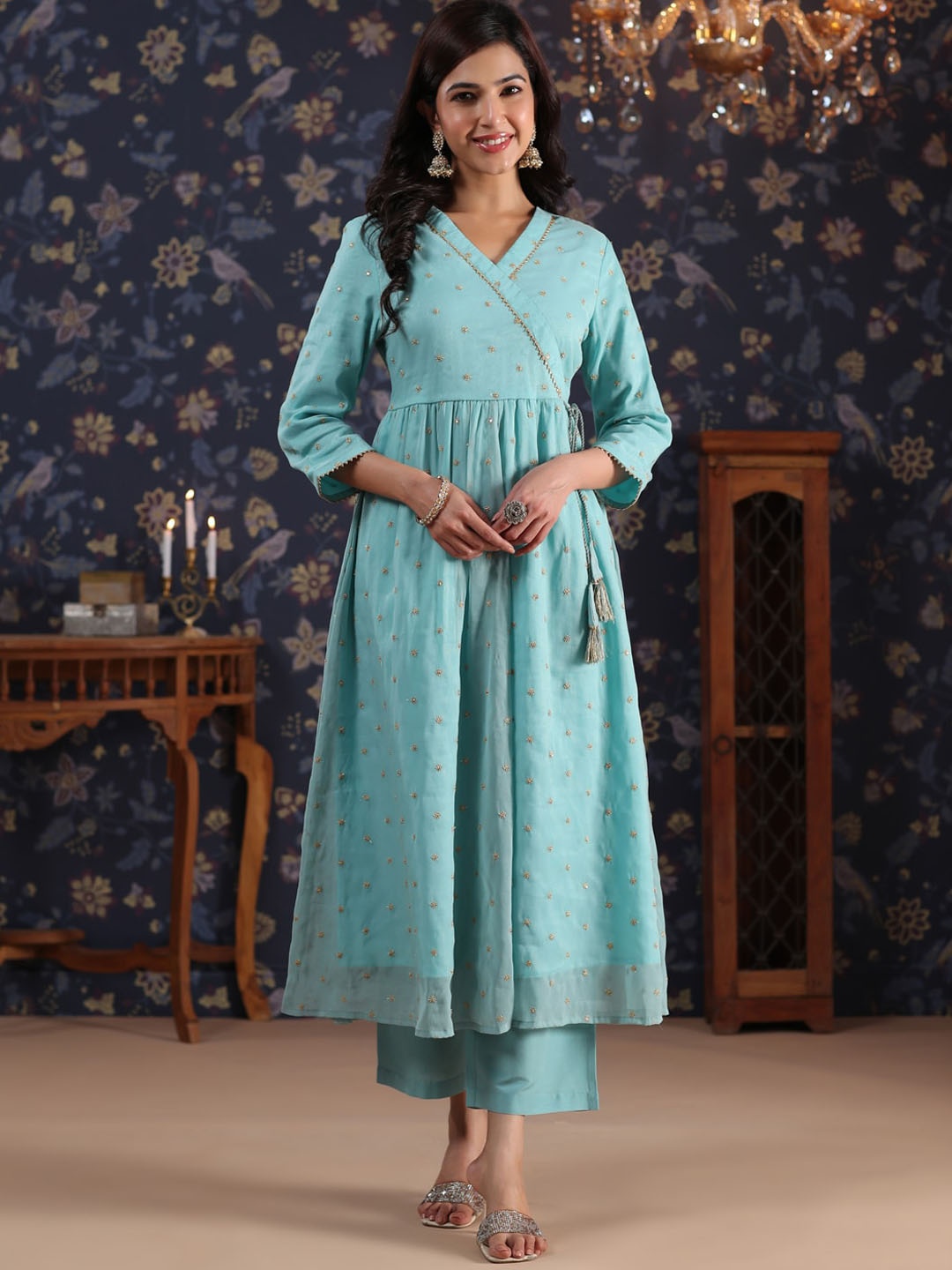 

House of Pataudi Embroidered Angrakha A-Line Kurta With Palazzo, Blue