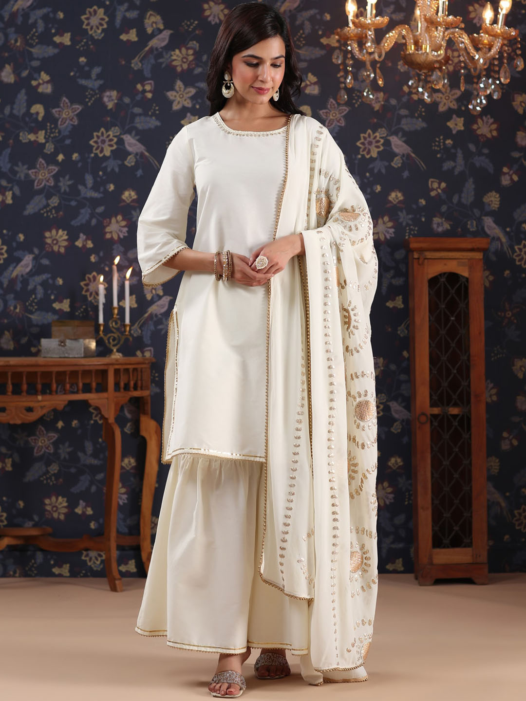 

House of Pataudi Gotta Patti Kurta With Sharara & Dupatta, Off white