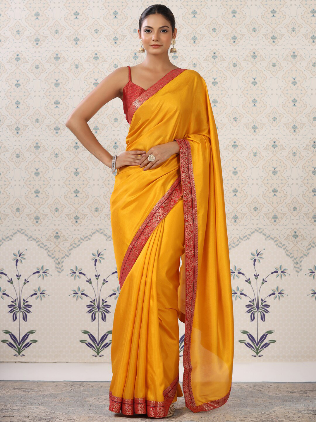 

Ode by House of Pataudi Mustard & Red Zari Poly Silk Saree