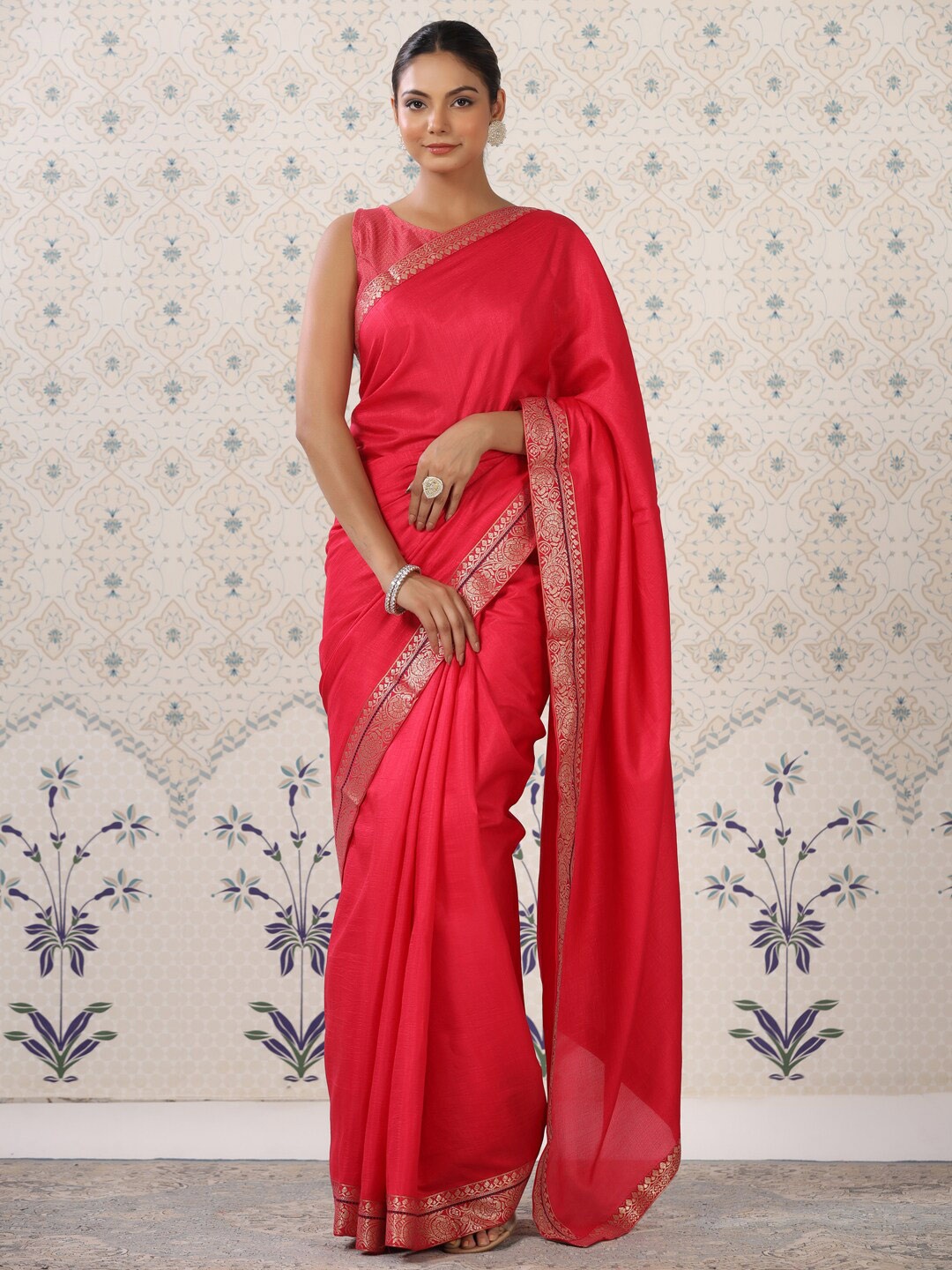 

Ode by House of Pataudi Pink & Gold-Toned Zari Poly Silk Saree