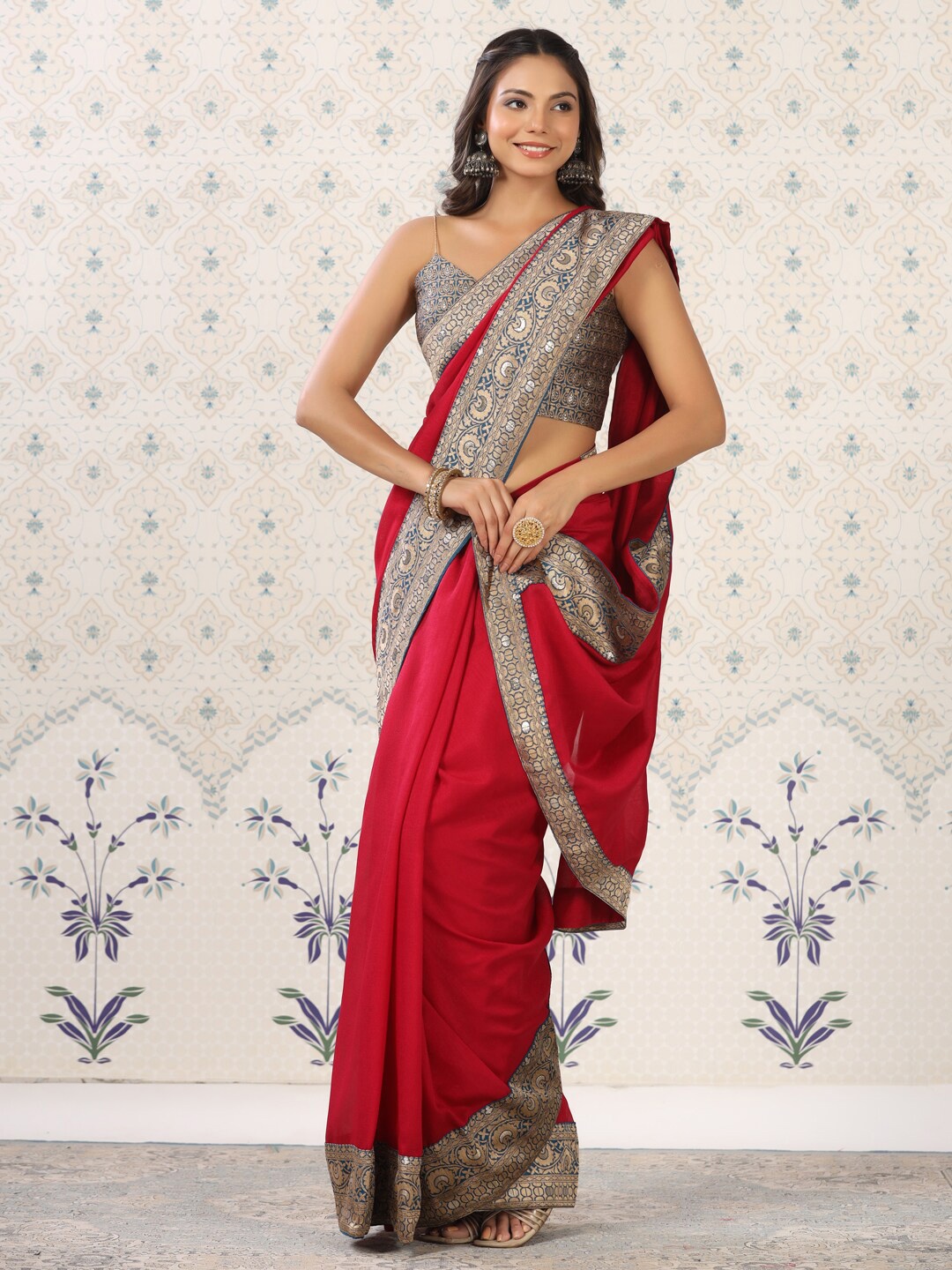 

Ode by House of Pataudi Red & Blue Zari Poly Silk Saree
