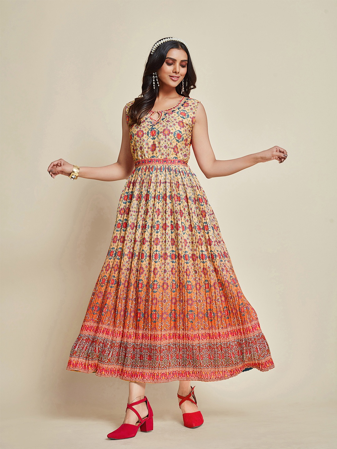 

Ishin Beige Ethnic Motifs Print Crepe Maxi Ethnic Dress