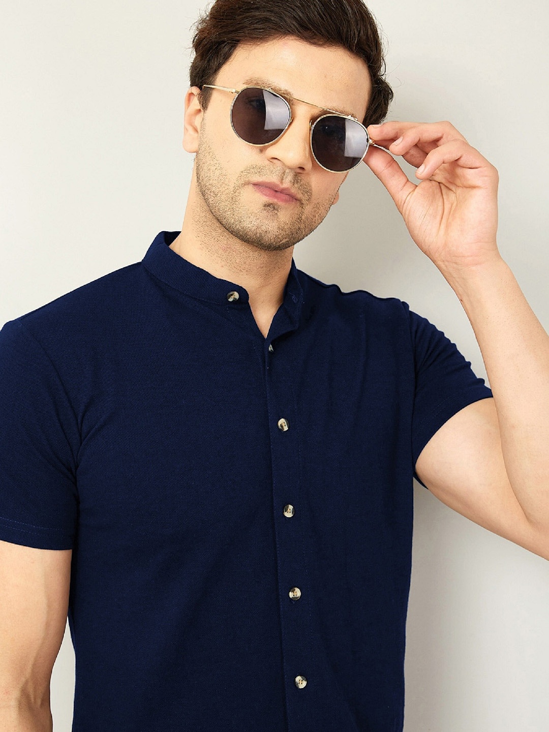 

Try This Classic Band Collar Cotton Casual Shirt, Blue
