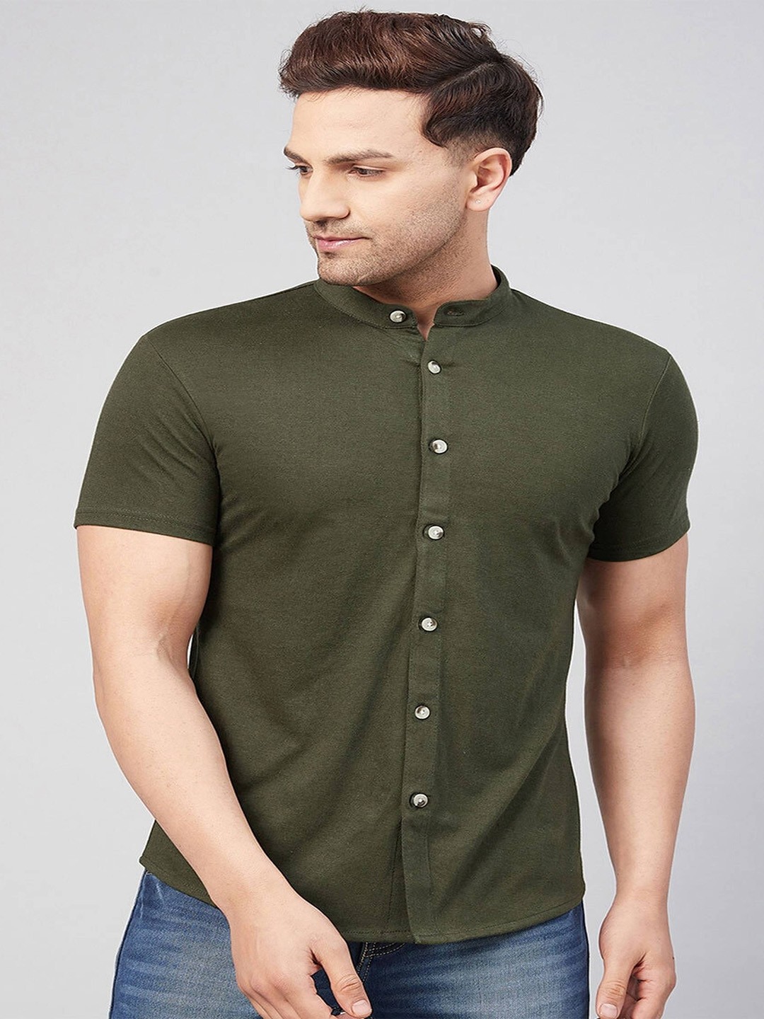 

Try This Classic Band Collar Cotton Casual Shirt, Green
