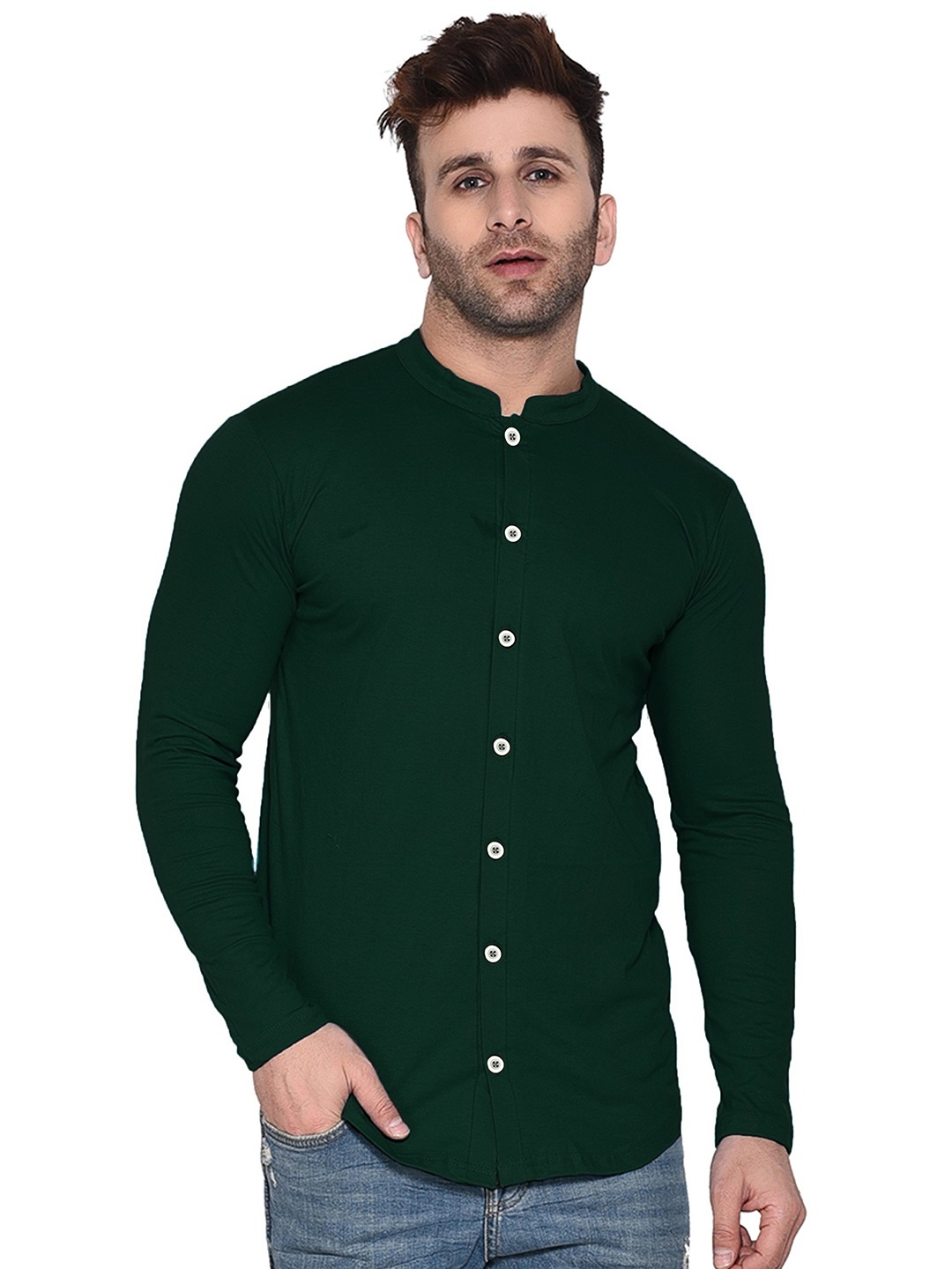 

Try This Mandarin Collar Classic Cotton Shirt, Green
