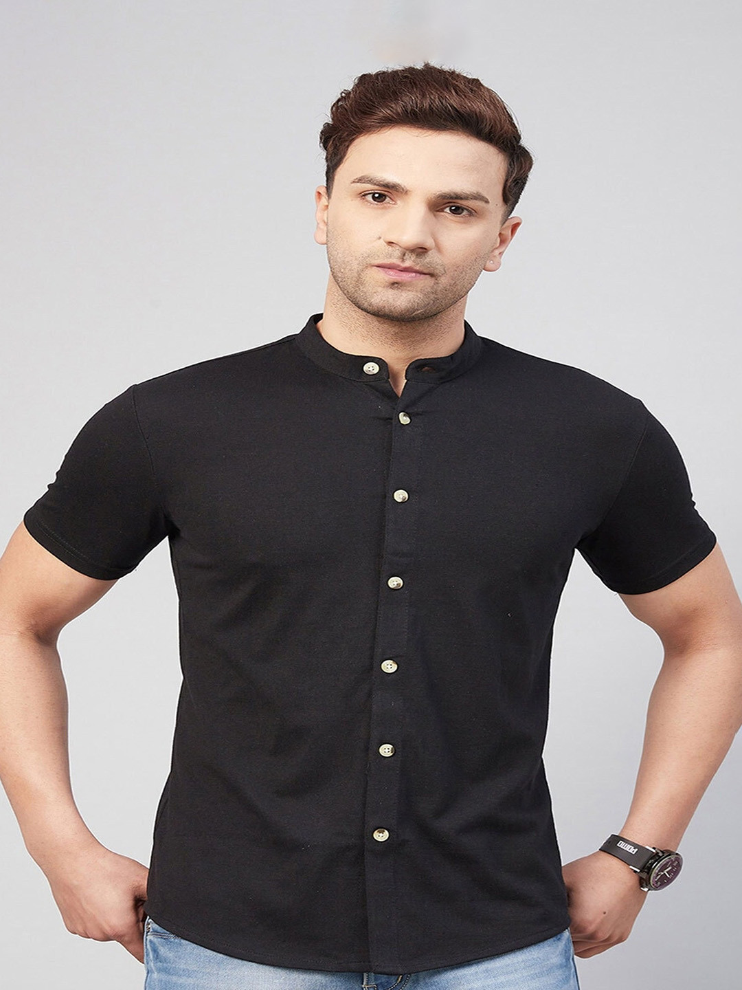 

Try This Classic Band Collar Cotton Casual Shirt, Black