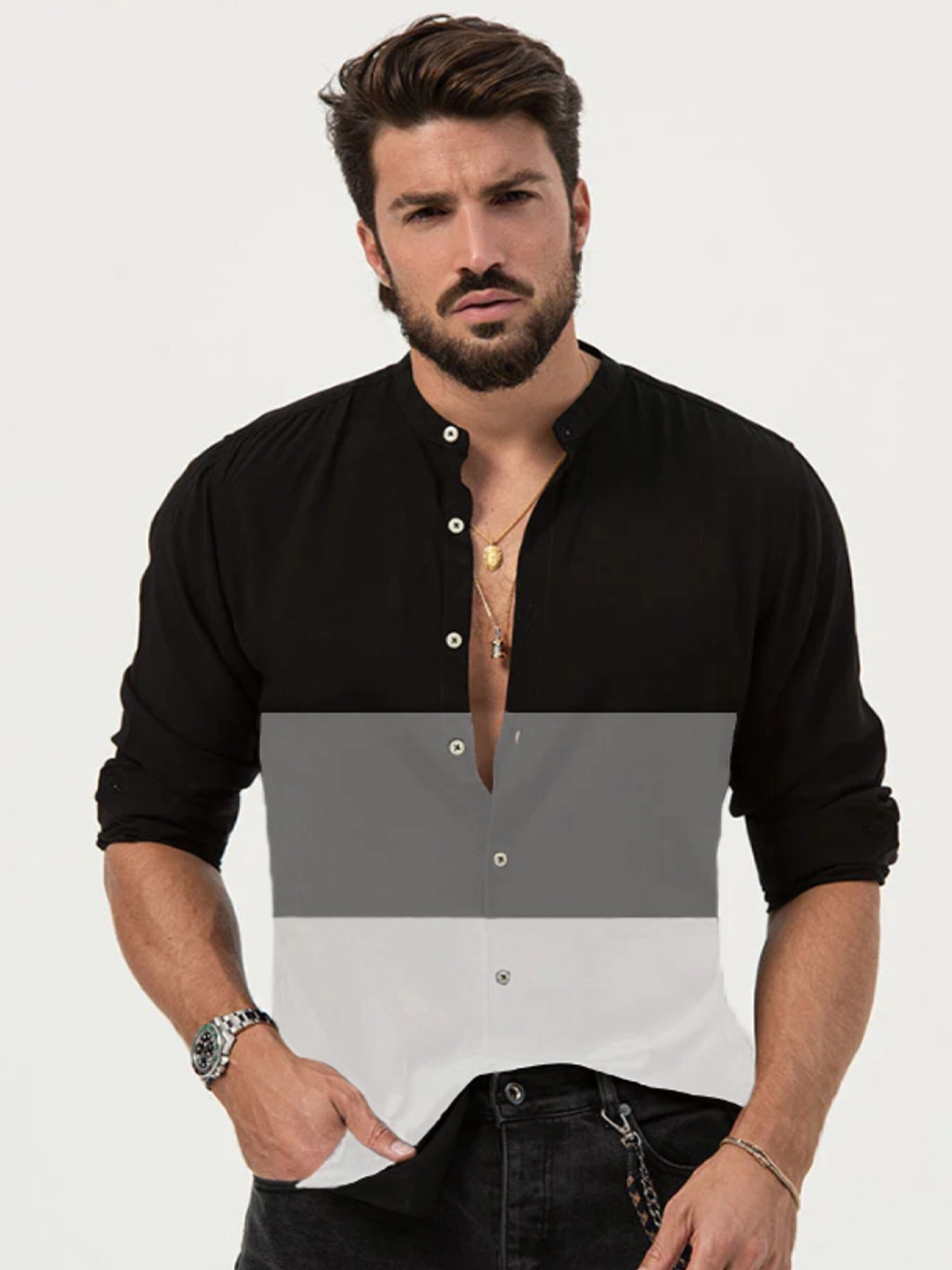 

Try This Colourblocked Classic Regular Fit Cotton Casual Shirt, Black