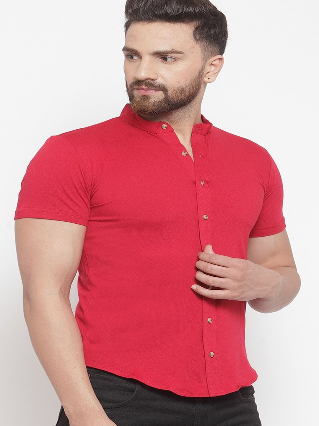 

Try This Classic Fit Mandarin Collar Cotton Casual Shirt, Red