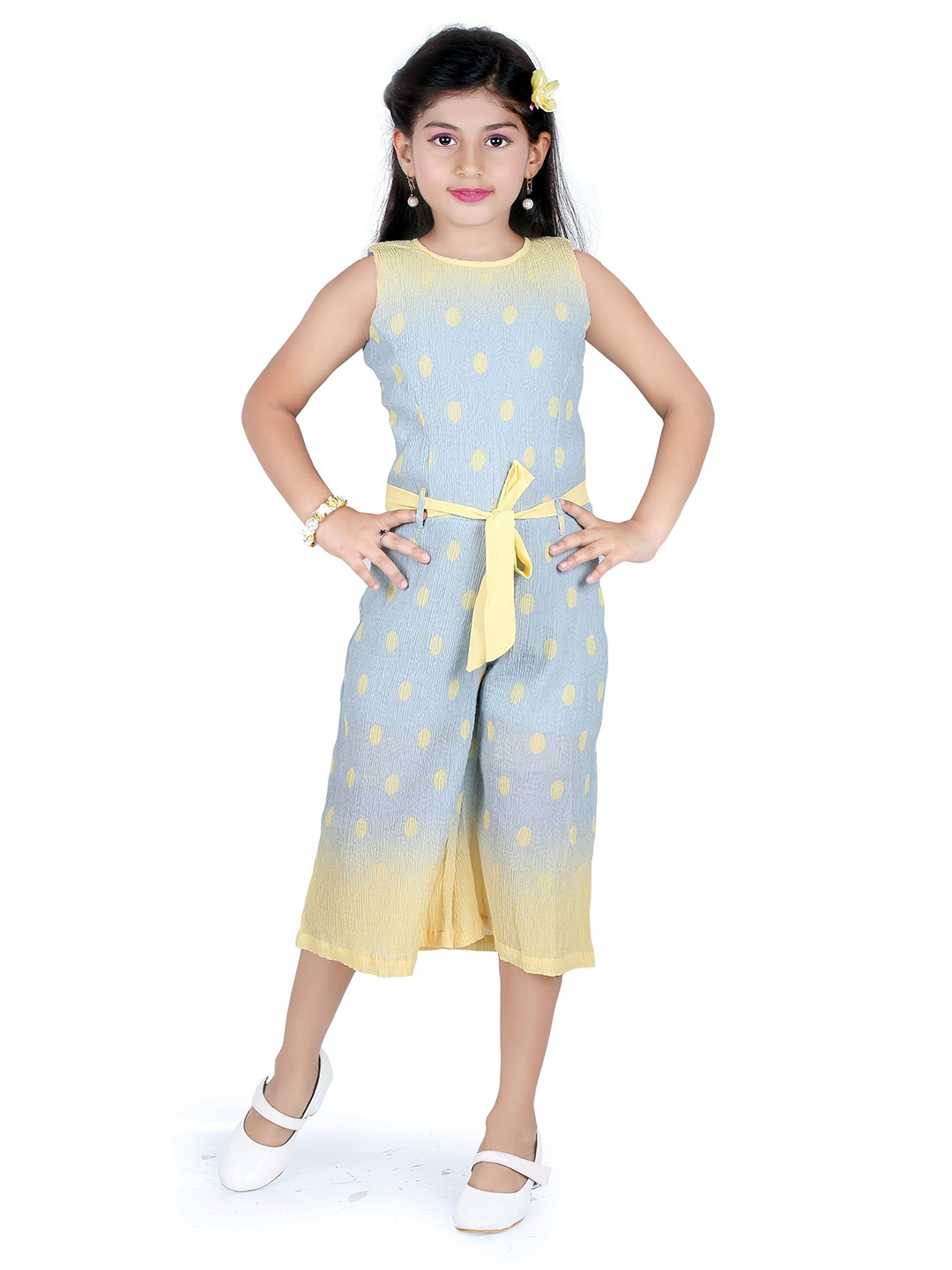 

Tiny Girl Printed Round Neck Sleeveless Capri Jumpsuit, Yellow