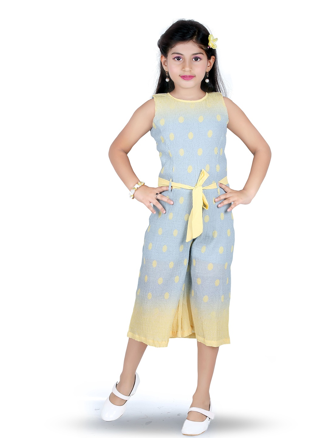

Tiny Girl Printed Round Neck Sleeveless Capri Jumpsuit, Yellow