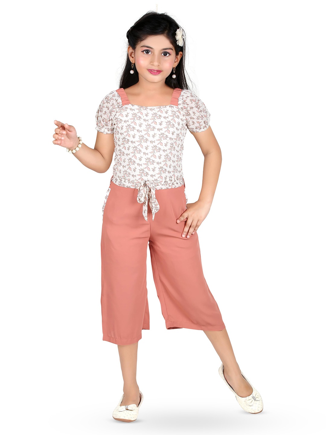 

Tiny Girl Floral Printed Square Neck Culotte Jumpsuit, Peach