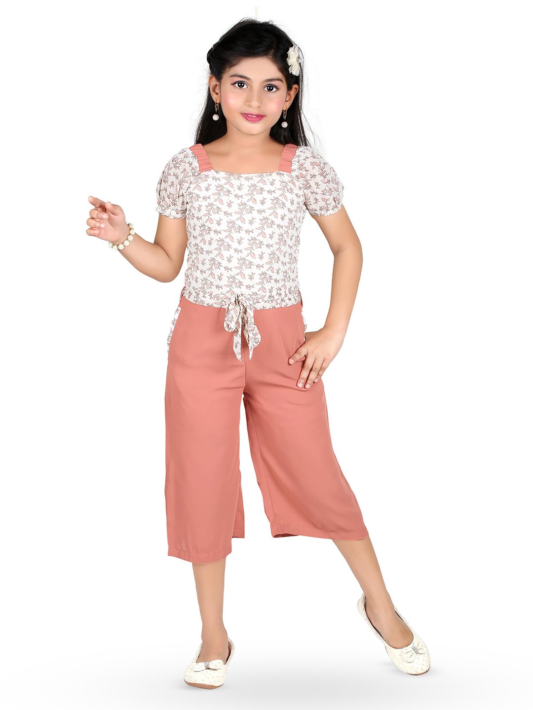 

Tiny Girl Floral Printed Square Neck Culotte Jumpsuit, Peach