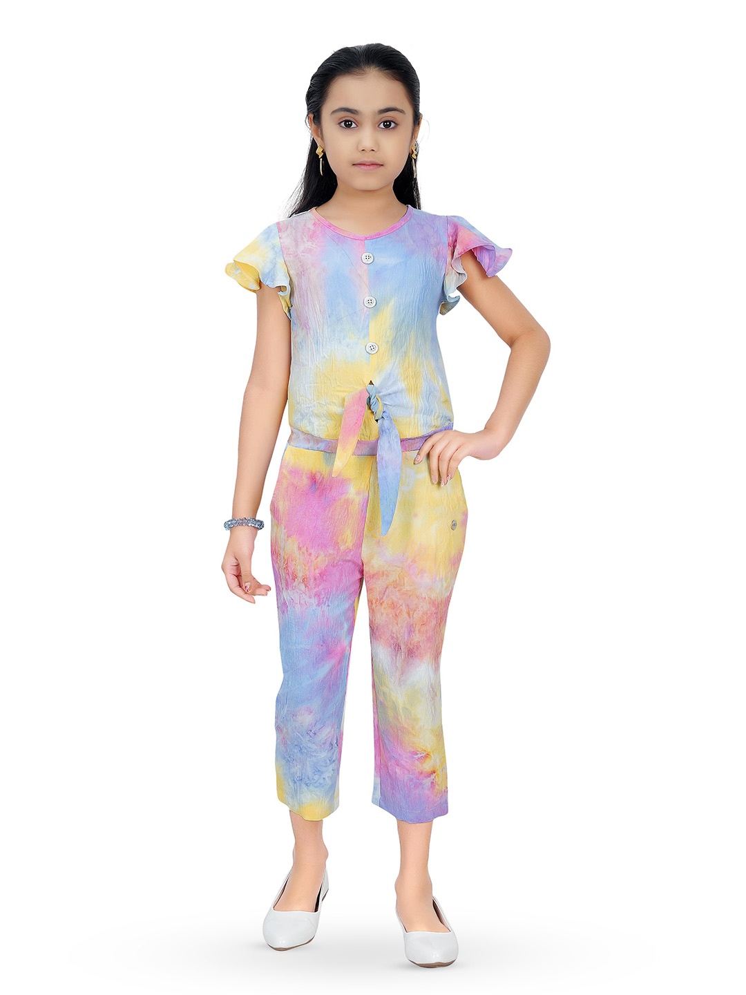 

Tiny Girl Printed Flutter Sleeves Capri Jumpsuit, Blue