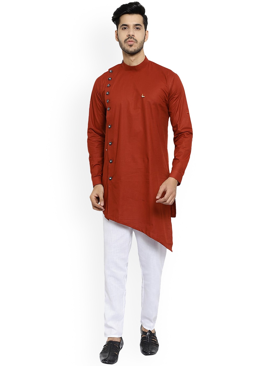 

Pro-Ethic STYLE DEVELOPER Band Collar Angrakha Asymmetric Kurta with Pyjamas, Maroon