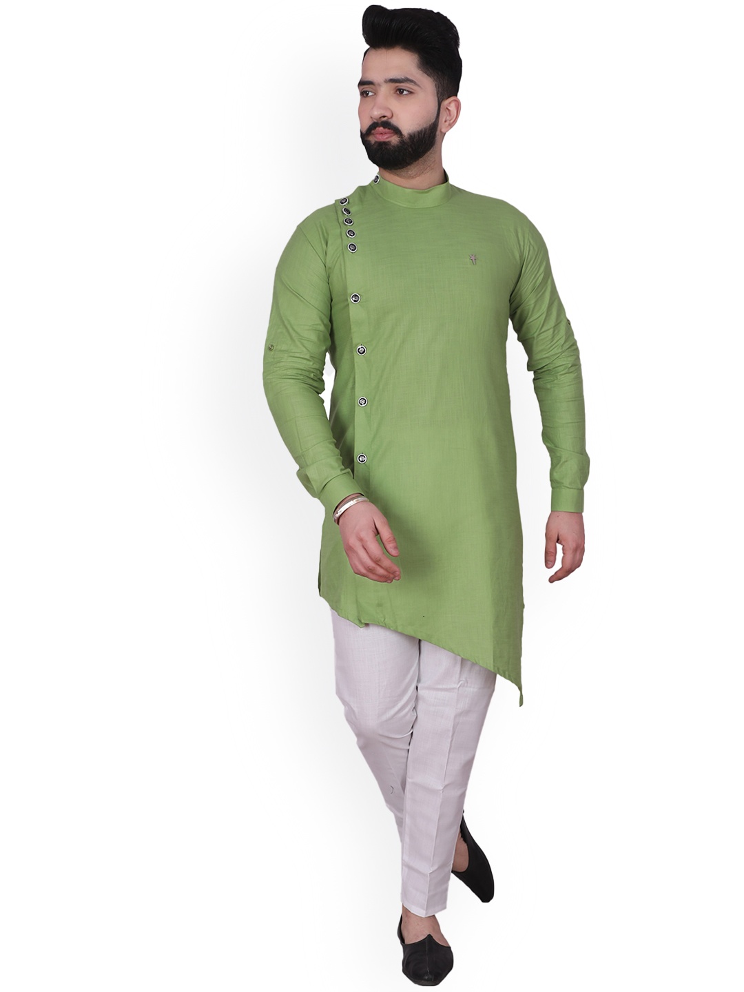 

Pro-Ethic STYLE DEVELOPER Band Collar Angrakha Asymmetric Kurta with Pyjamas, Green