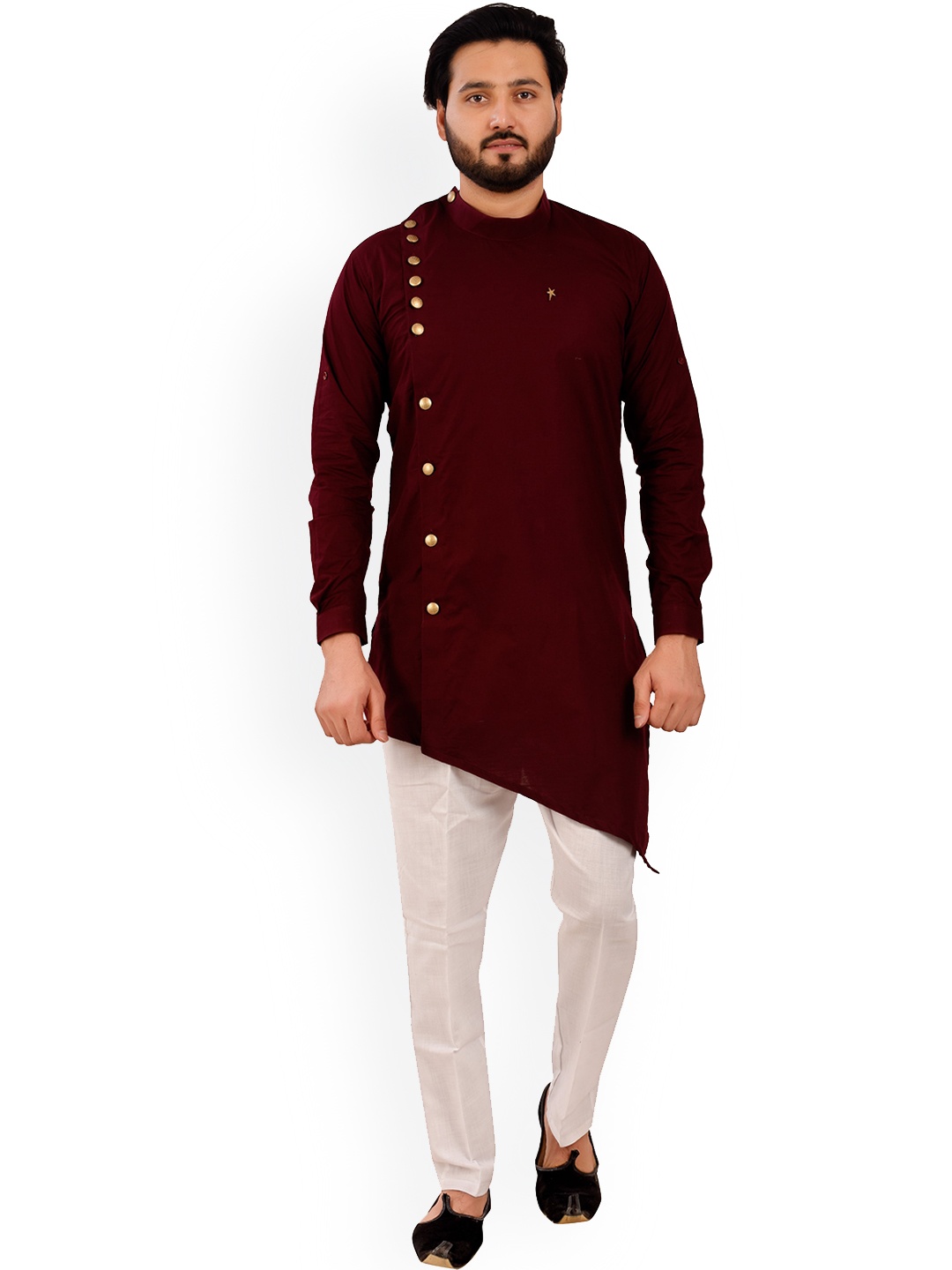 

Pro-Ethic STYLE DEVELOPER Band Collar Angrakha Asymmetric Kurta with Pyjamas, Maroon