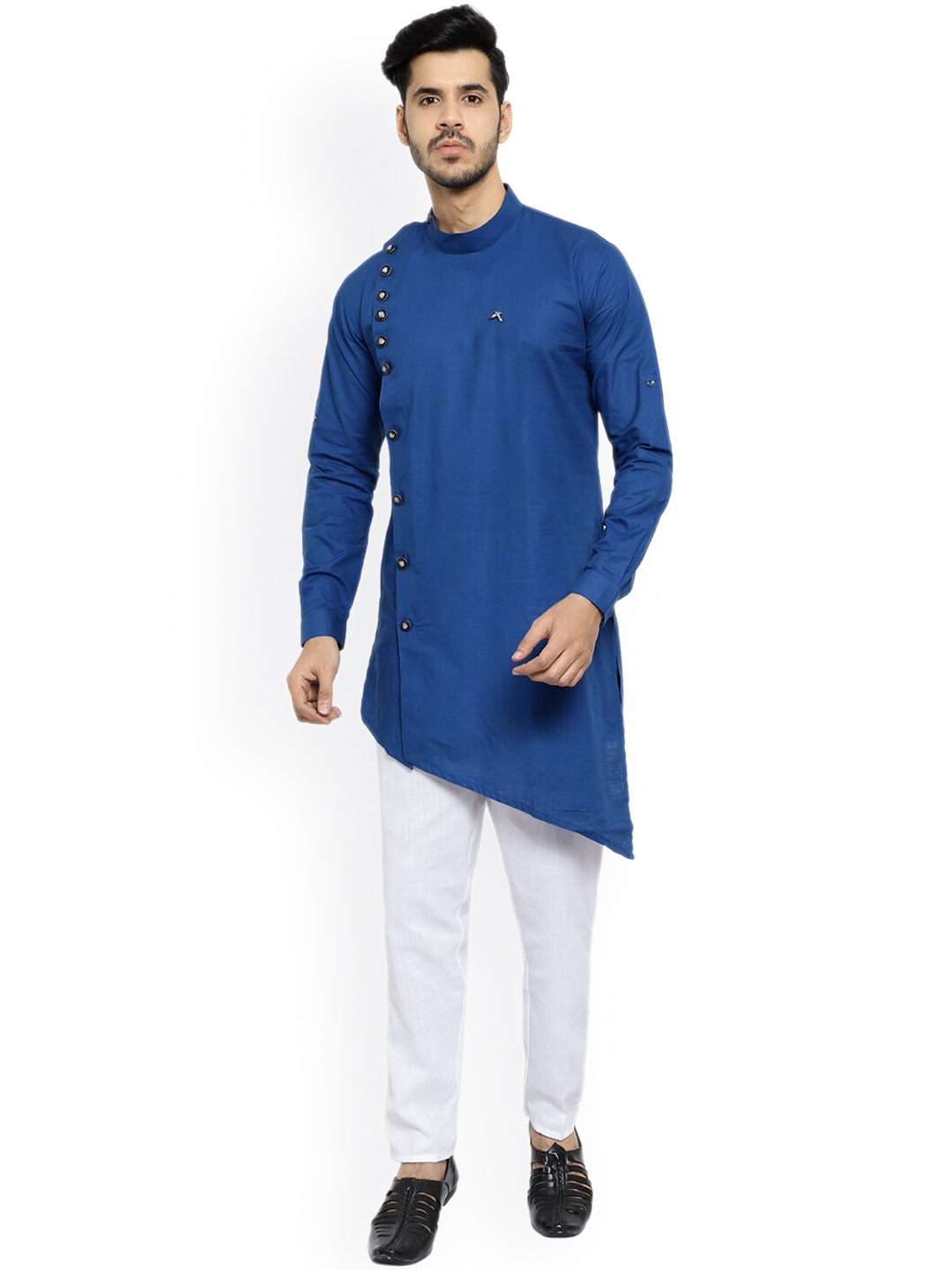 

Pro-Ethic STYLE DEVELOPER Band Collar Angrakha Asymmetric Kurta with Pyjamas, Blue