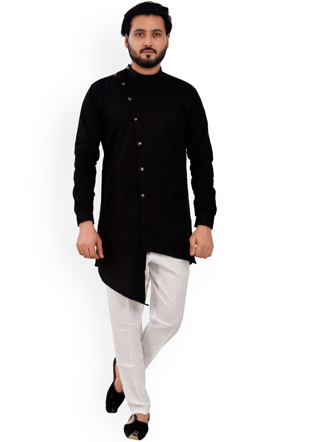 

Pro-Ethic STYLE DEVELOPER Band Collar Asymmetric Kurta with Pyjamas, Black