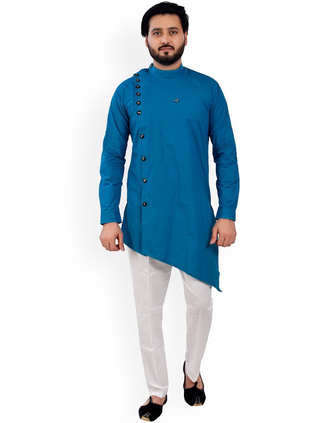 

Pro-Ethic STYLE DEVELOPER Band Collar Angrakha Asymmetric Kurta with Pyjamas, Turquoise blue