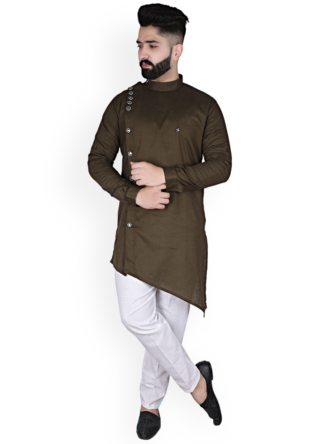 

Pro-Ethic STYLE DEVELOPER Band Collar Angrakha Asymmetric Kurta with Pyjamas, Olive