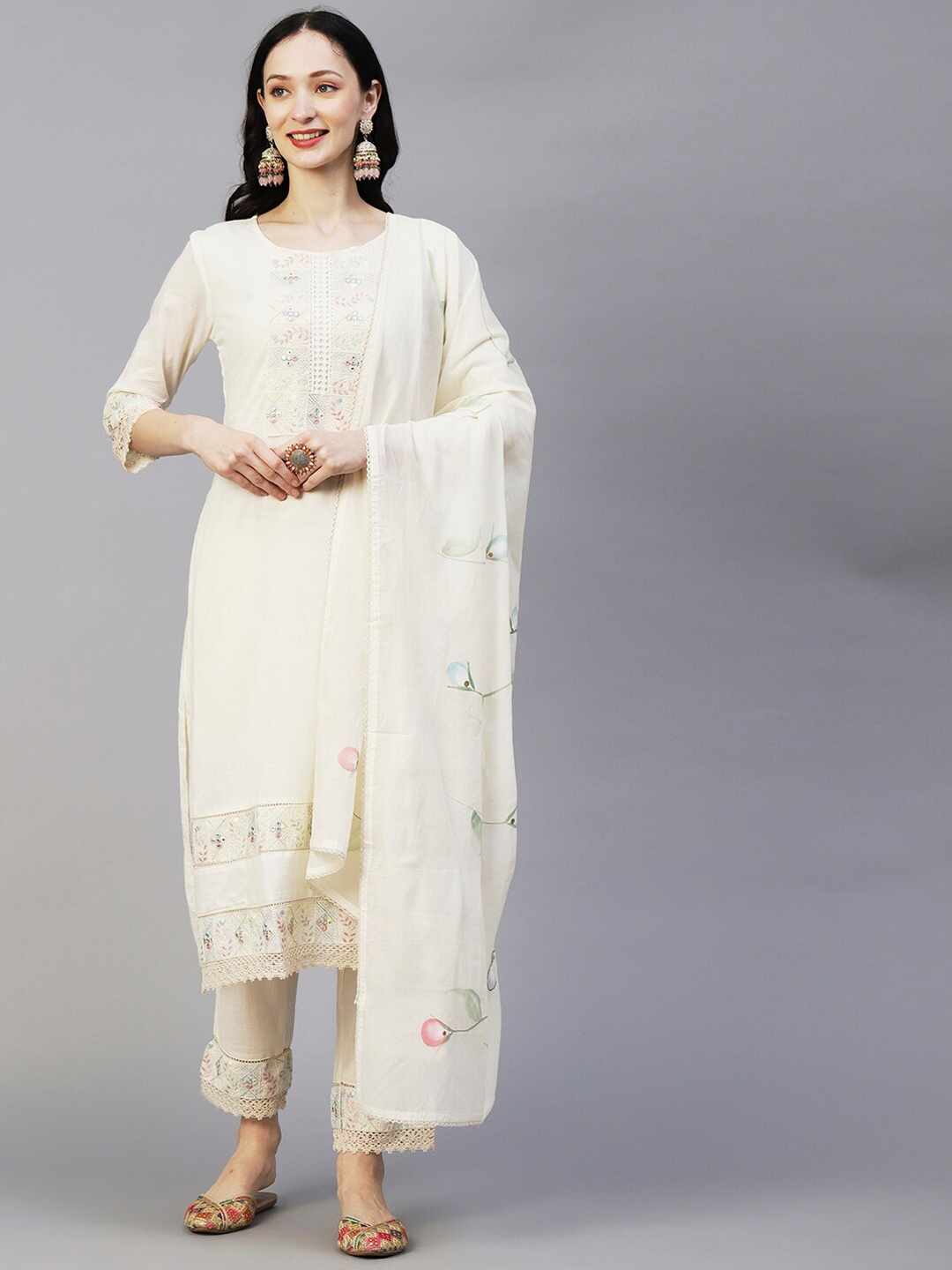 

FASHOR Off White Floral Printed Mirror Work Pure Cotton Kurta with Trousers & Dupatta