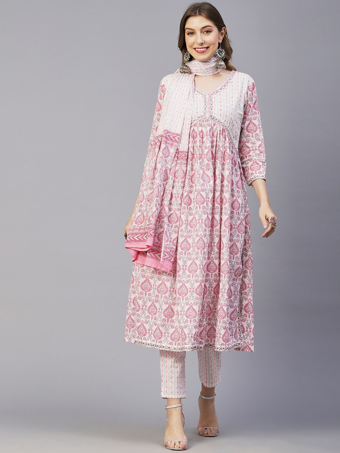 

FASHOR White & Pink Floral Printed Mirror Work Pure Cotton Kurta with Trousers & Dupatta