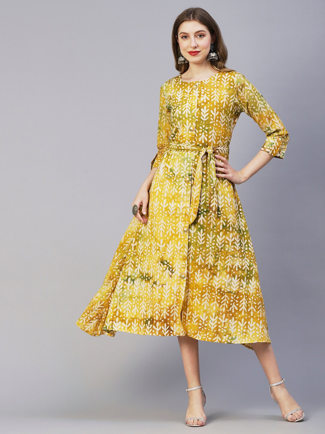 

FASHOR Floral Print A-Line Midi Dress, Mustard