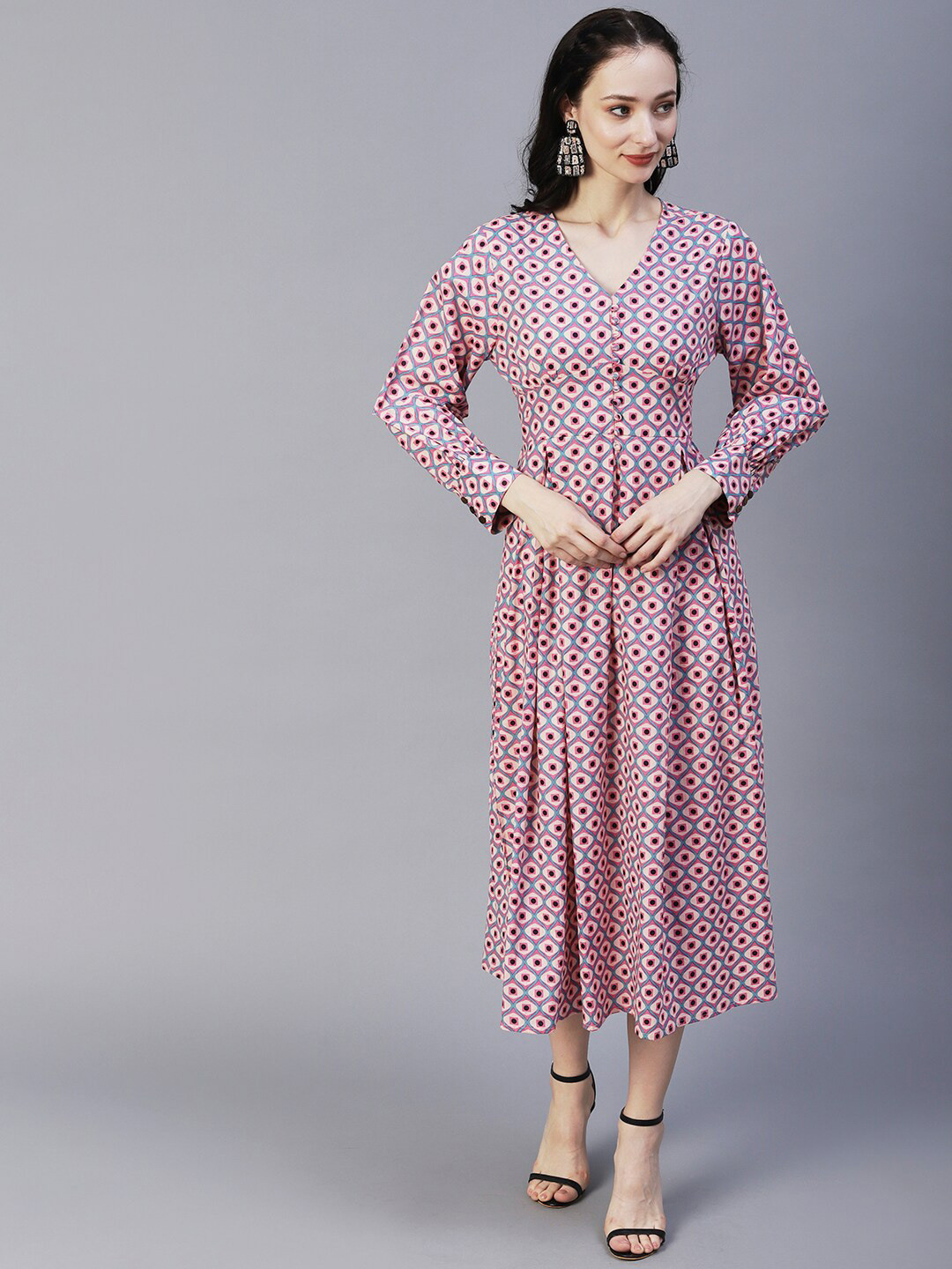 

FASHOR Ethnic Motifs Print A-Line Midi Dress, Pink