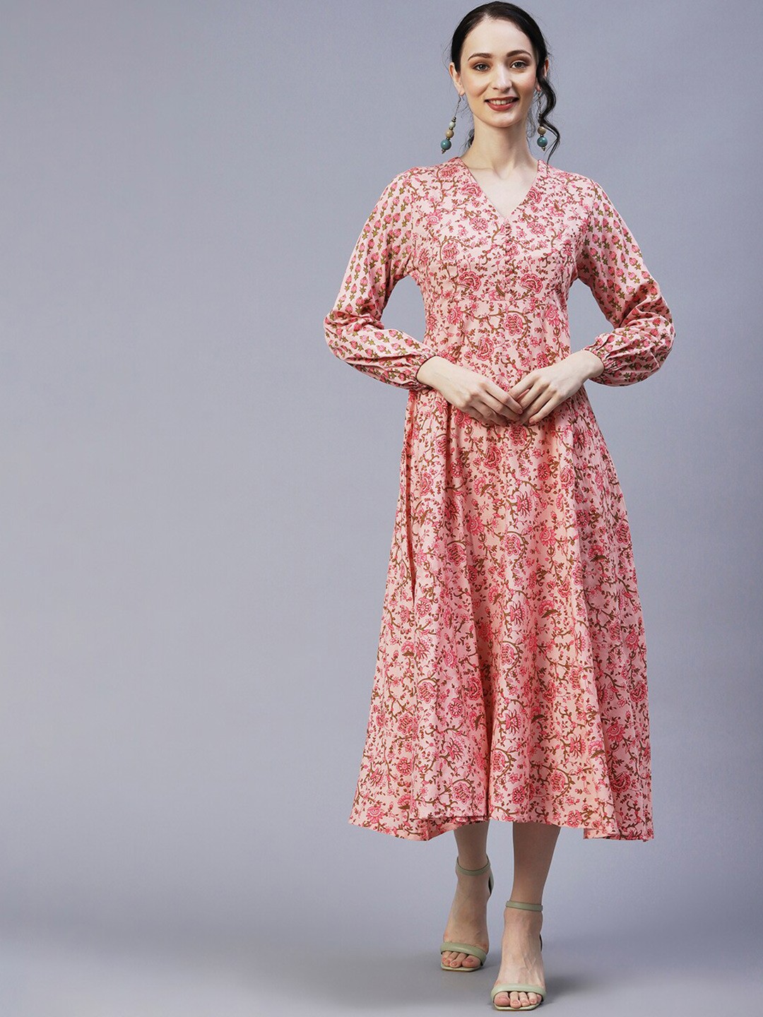 

FASHOR Floral Print A-Line Midi Dress, Peach
