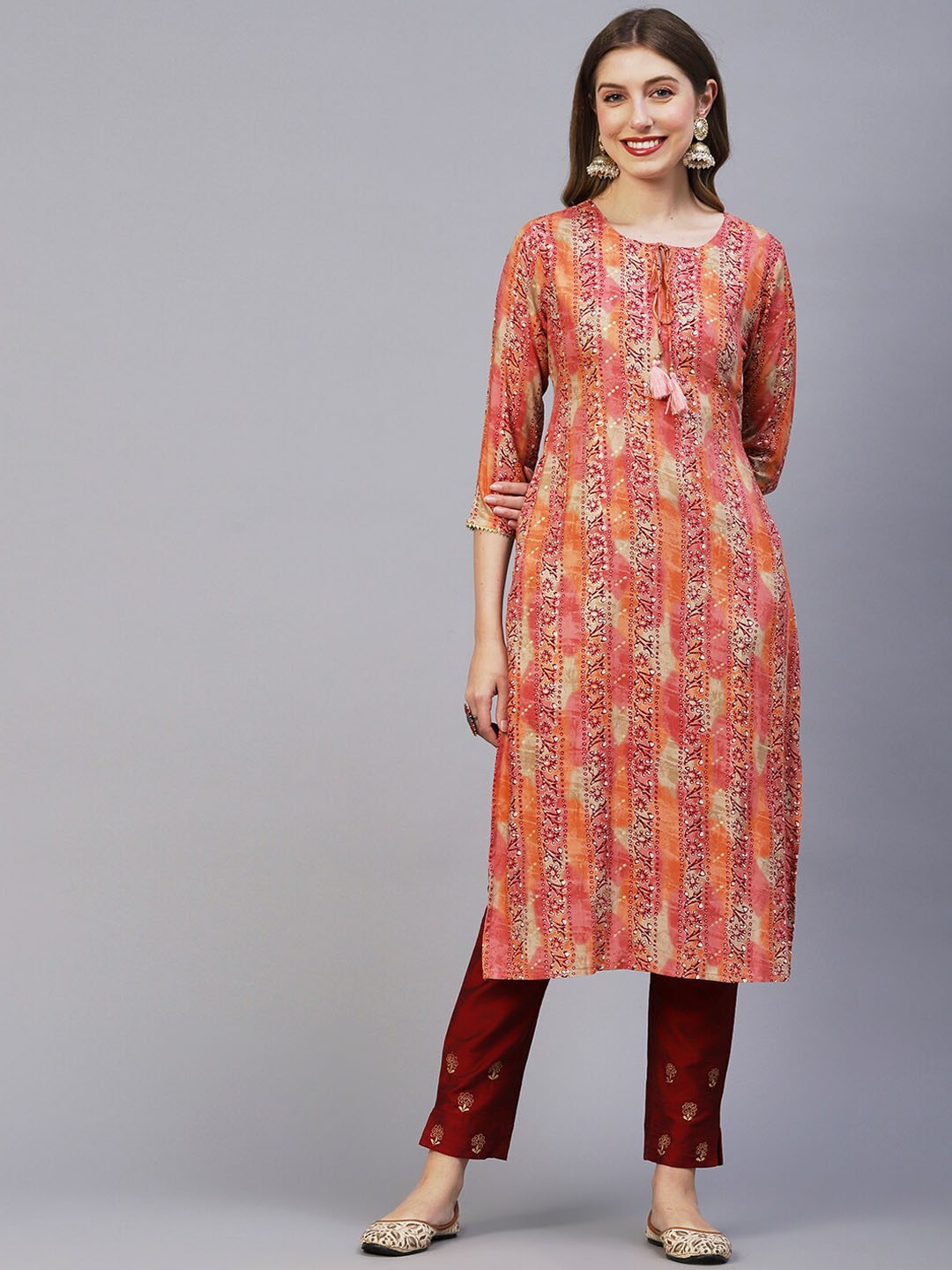 

FASHOR Ethnic Motifs Printed Straight Kurta, Peach