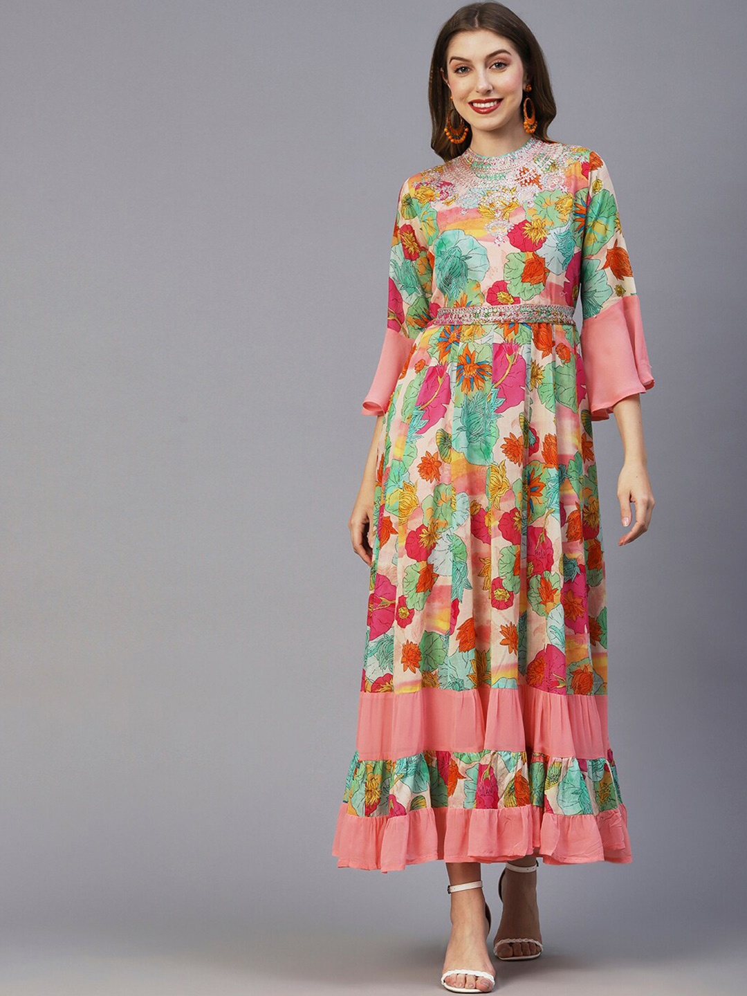 

FASHOR Floral Print Bell Sleeve Maxi Dress, Pink