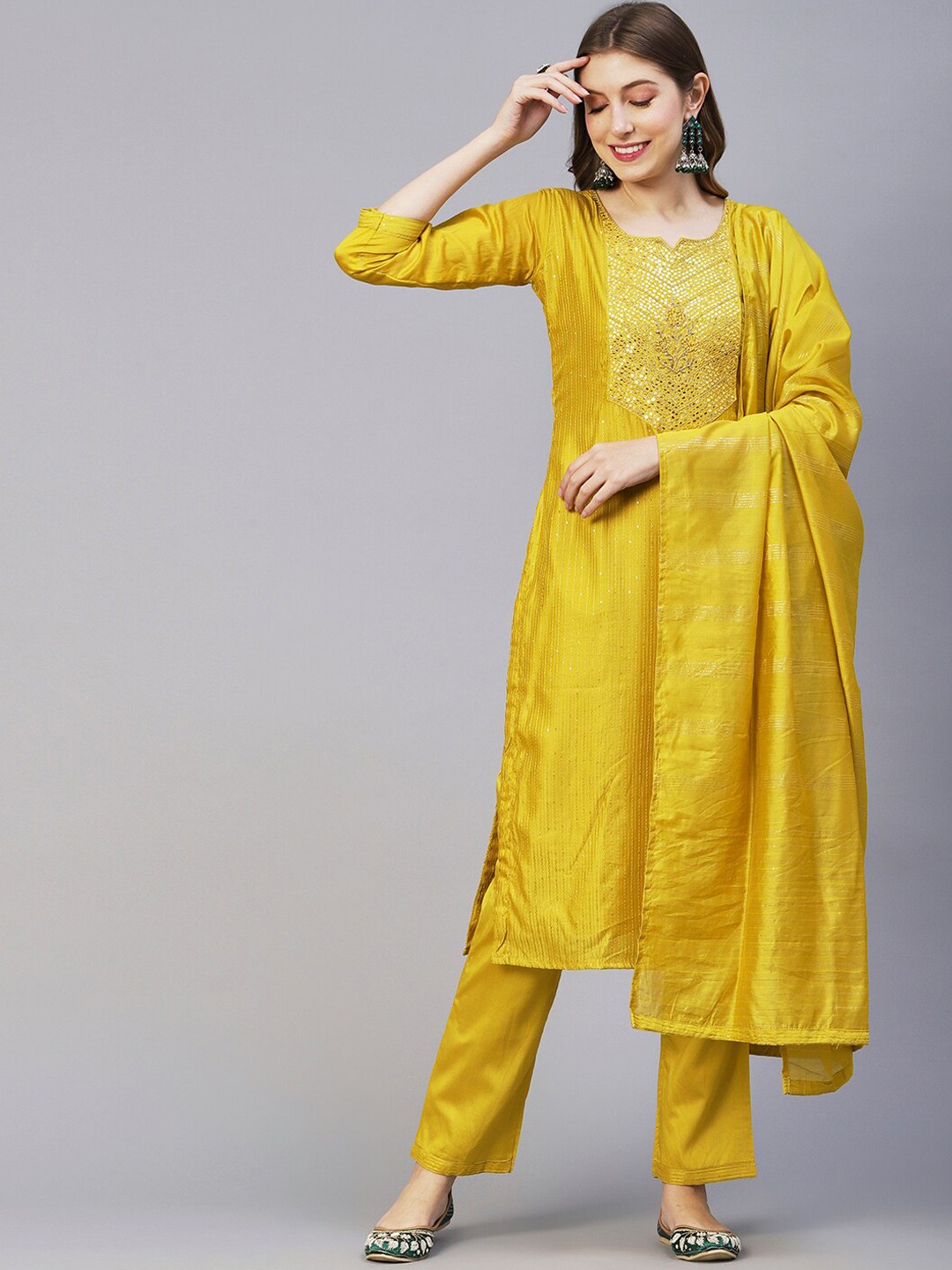 

FASHOR Mustard Yellow Yoke Design Notched Neck Mirror Work Kurta With Trousers & Dupatta