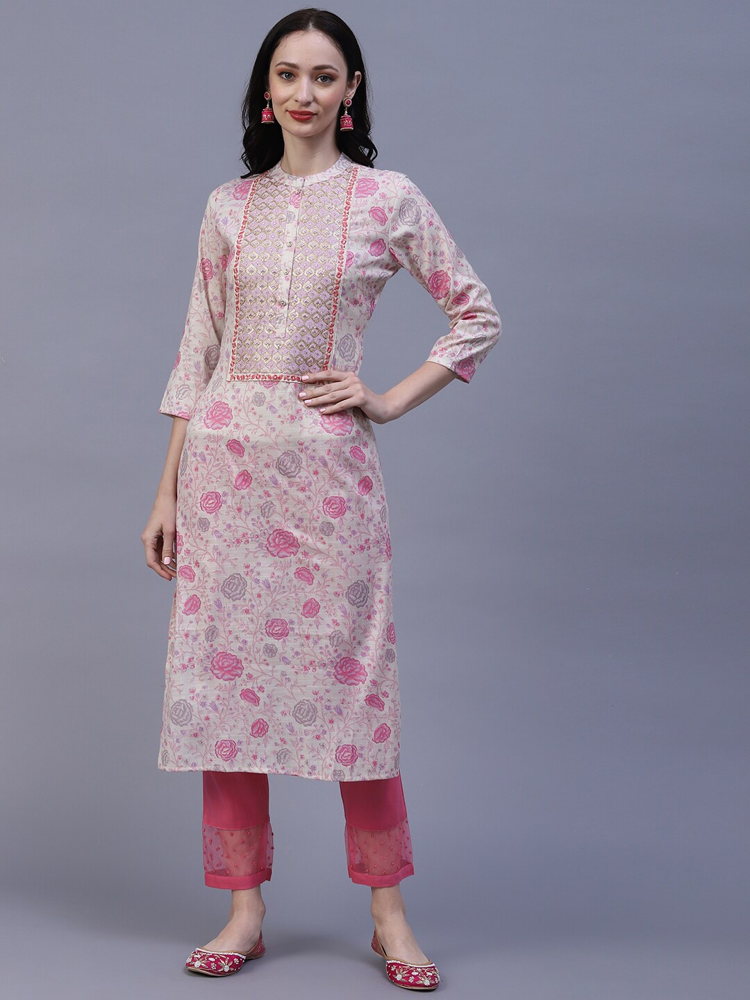 

FASHOR Off White & Pink Floral Printed Thread Work Kurta