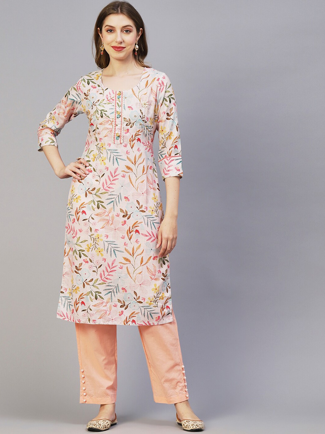 

FASHOR White & Pink Floral Printed Sequinned Kurta