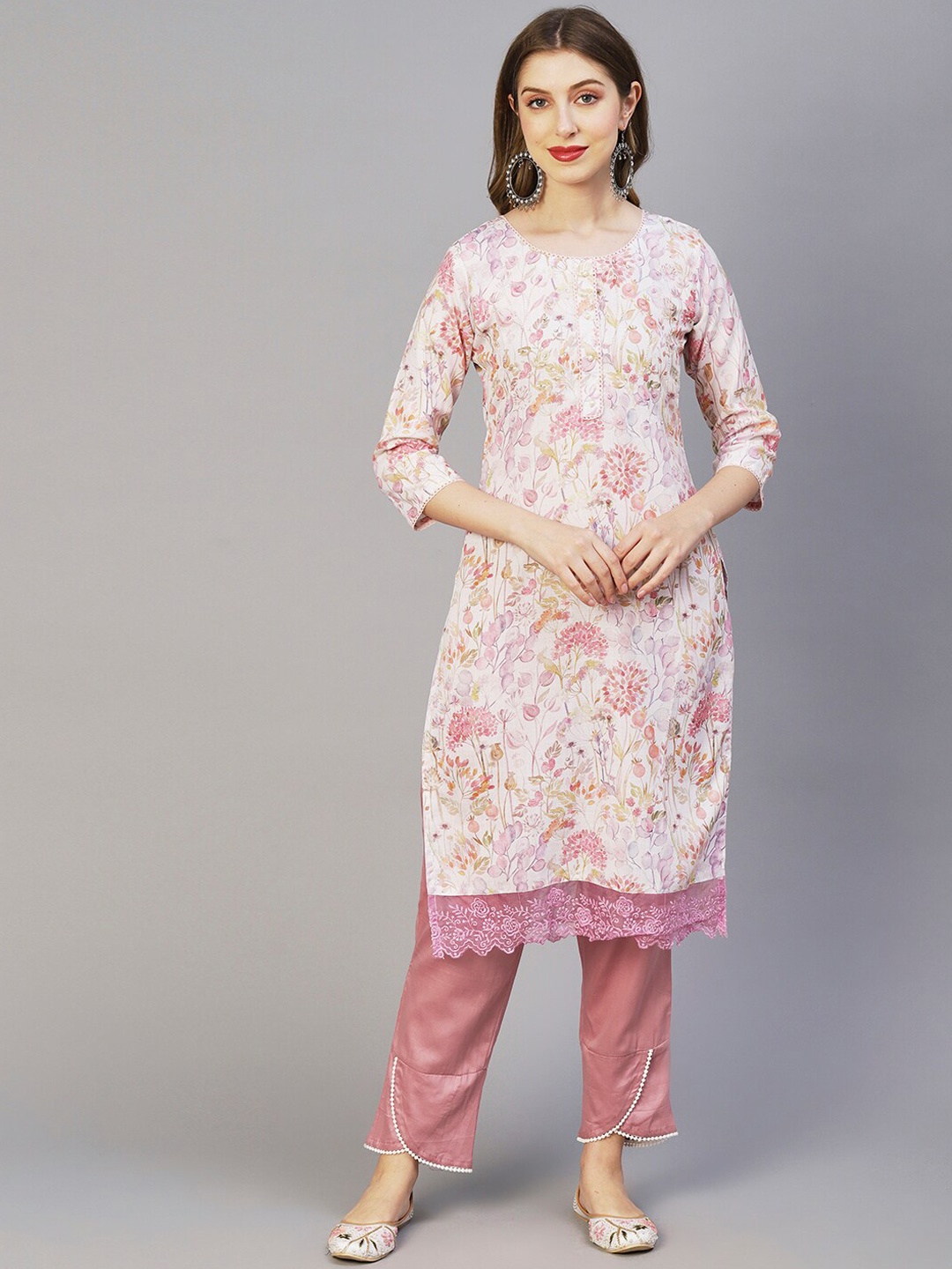 

FASHOR White & Pink Floral Printed Sequinned Kurta