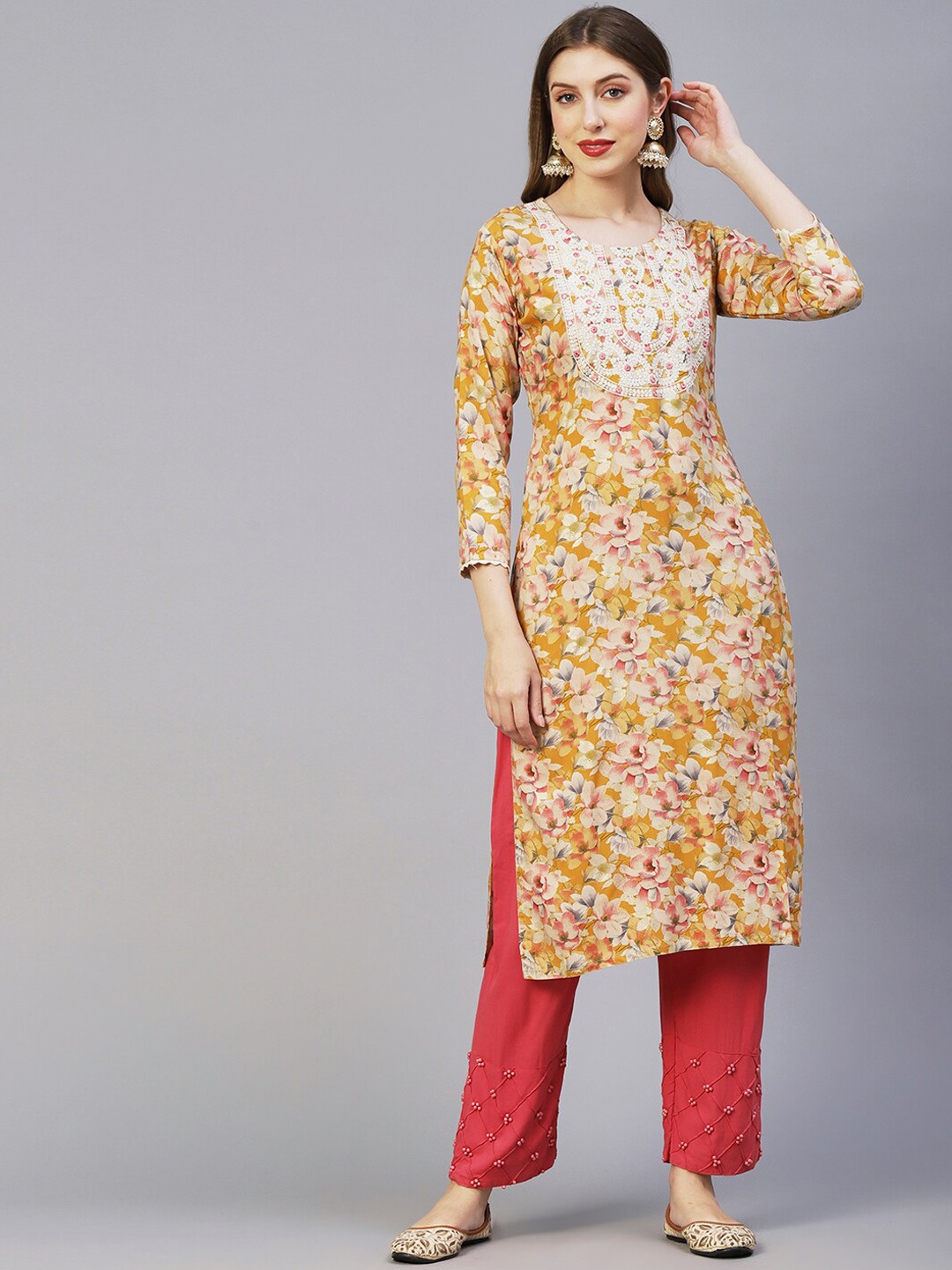 

FASHOR Mustard Yellow & Pink Floral Printed Mirror Work Kurta