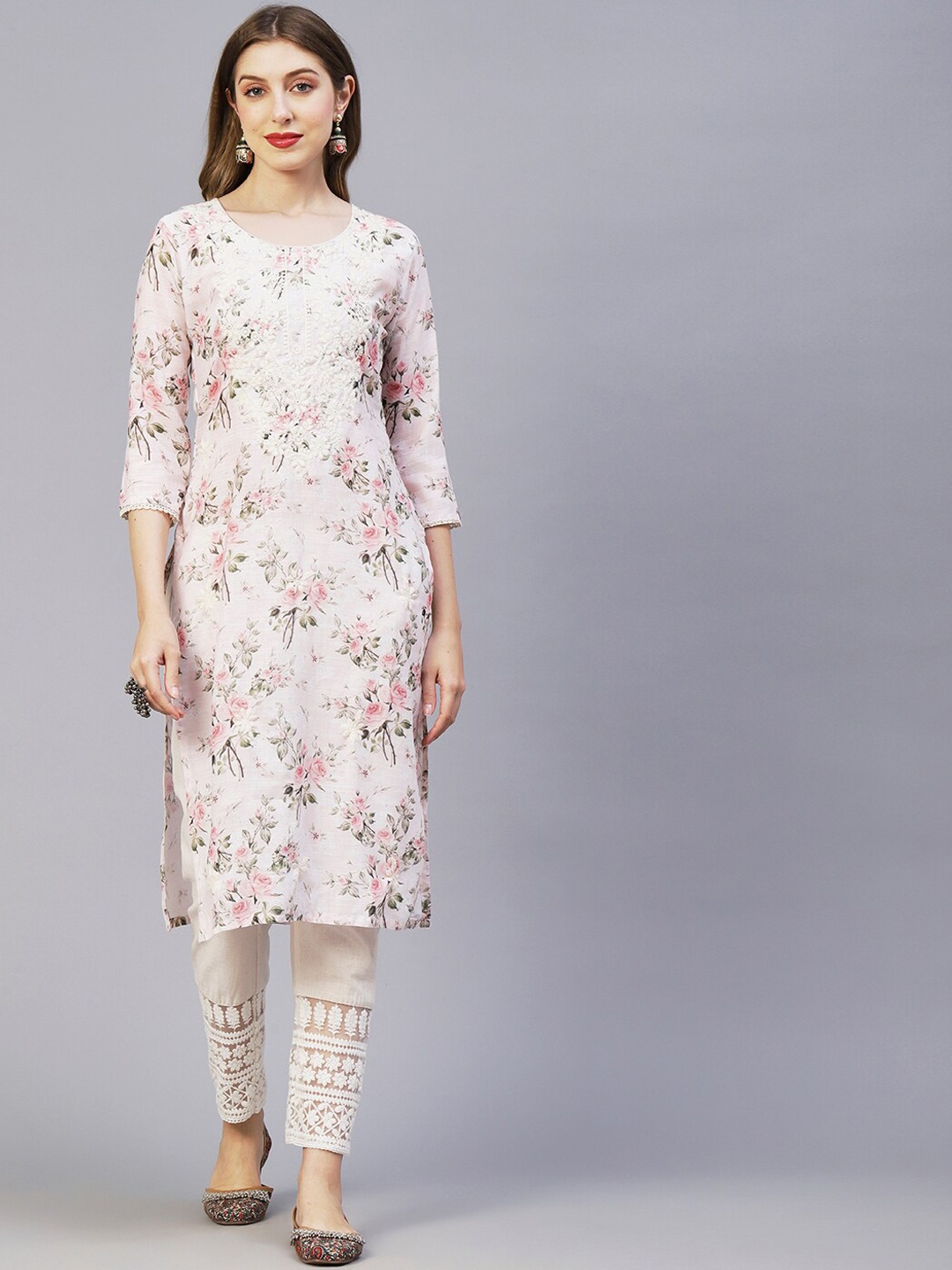 

FASHOR Off White & Pink Floral Printed Chikankari Work Kurta