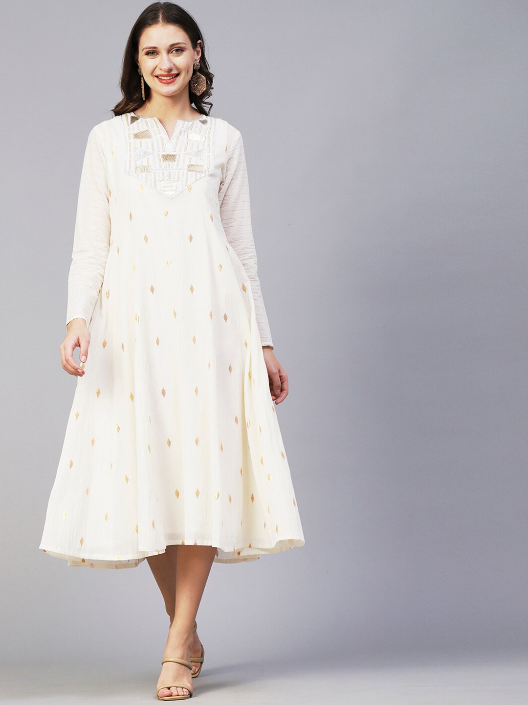 

FASHOR Ethnic Motifs Print Crepe A-Line Midi Dress, Off white