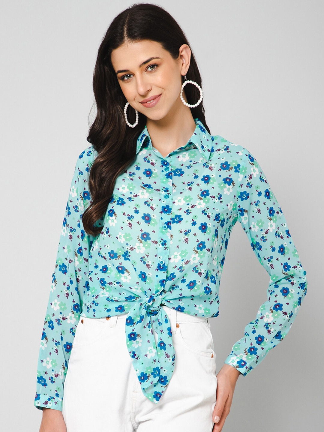 

PURYS Relaxed Floral Printed Semi Sheer Tie-Up Casual Shirt, Blue