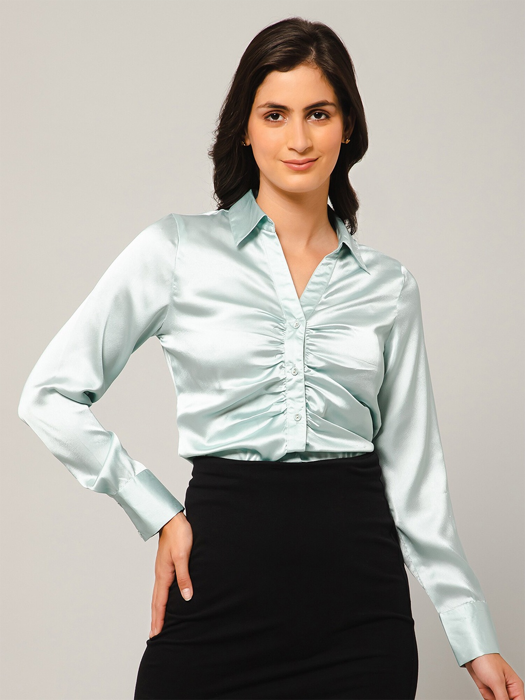 

PURYS Relaxed Spread Collar Gathers Satin Party Shirt, Green