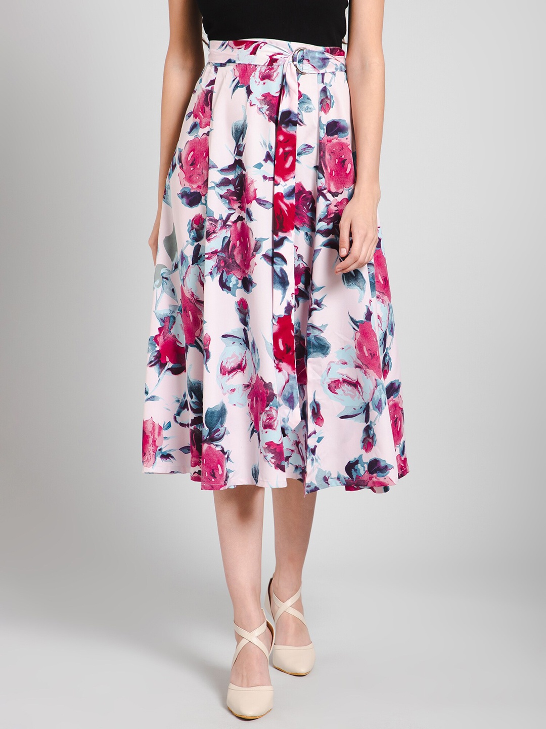 

PURYS Printed Flared Midi Skirt, Pink