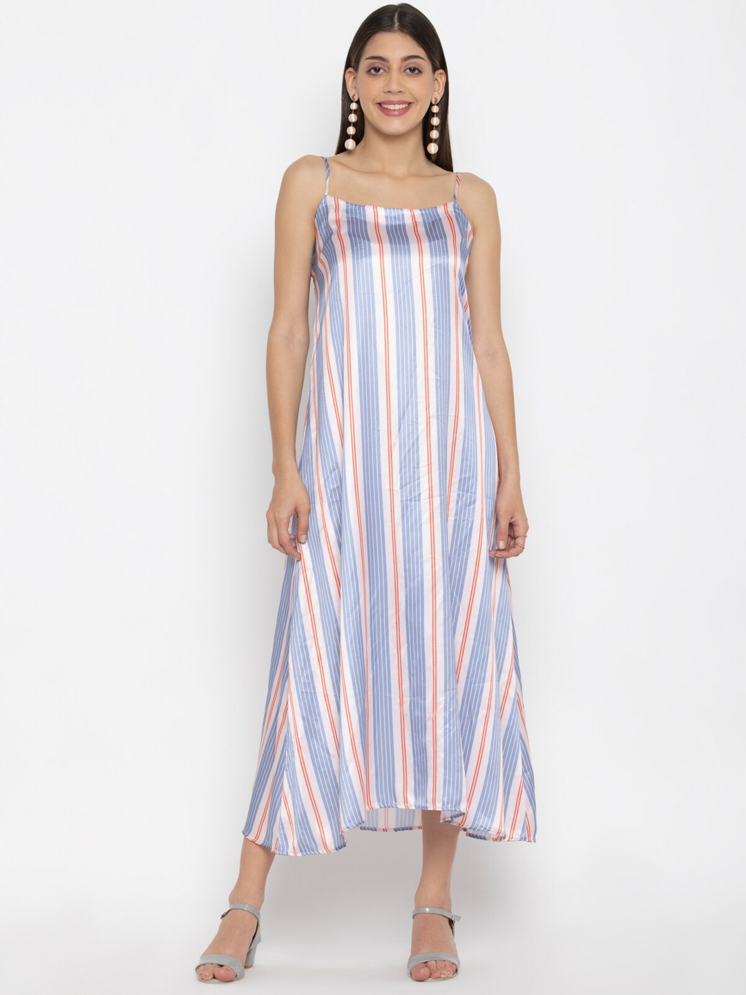 

OCTICS Striped Shoulder Straps Satin A-Line Maxi Dress, Blue
