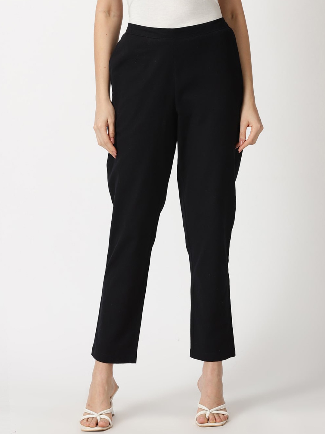 

Saffron Threads Women Mid-Rise Original Straight Fit Easy Wash Trousers, Black