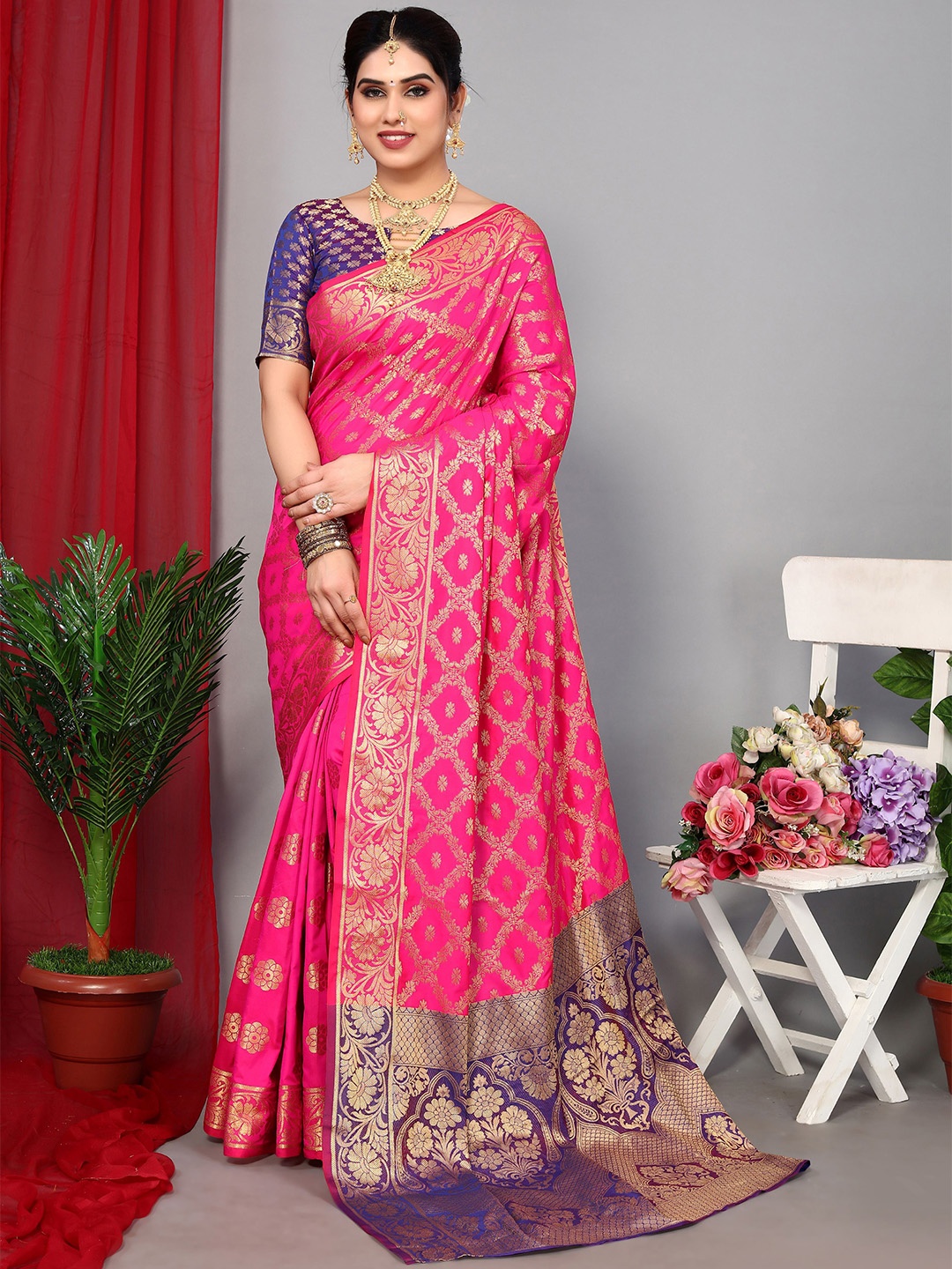 

Mitera Pink & Purple Floral Woven Design Zari Banarasi Saree