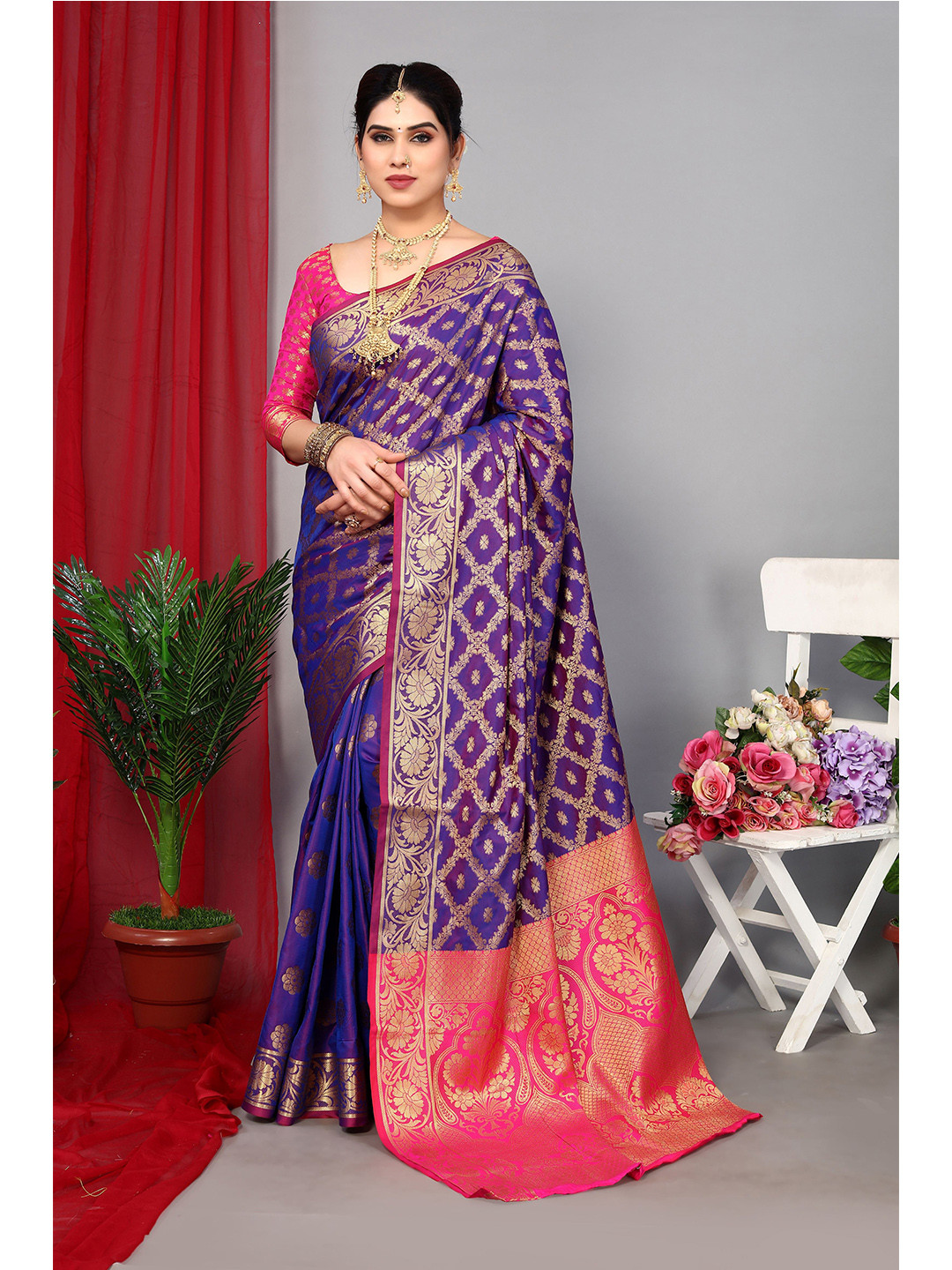 

Mitera Blue & Pink Floral Woven Design Zari Banarasi Saree