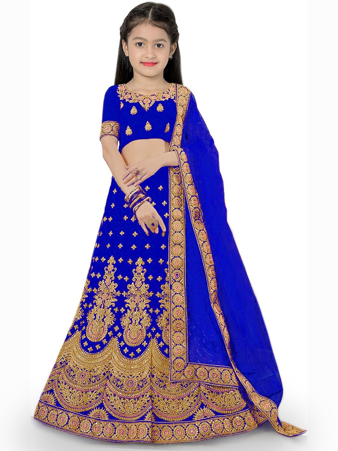 

Kedar Fab Girls Embroidered Thread Work Semi-Stitched Lehenga Set, Blue