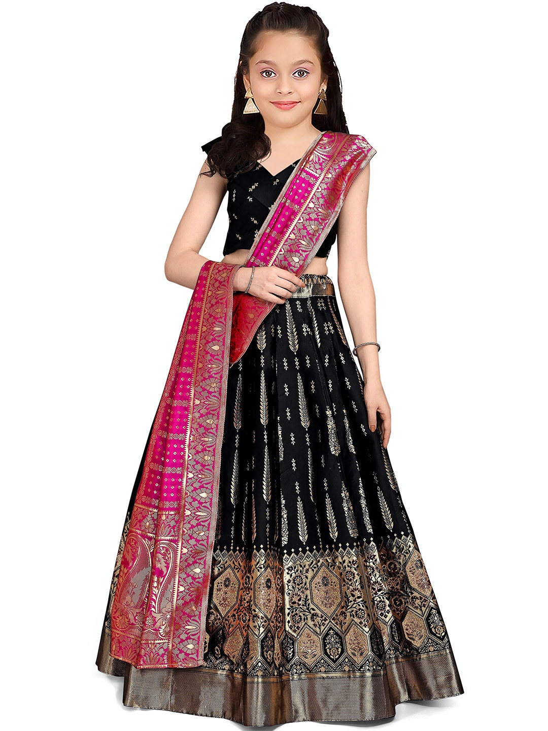 

Kedar Fab Girls Semi-Stitched Lehenga & Unstitched Blouse With Dupatta, Black