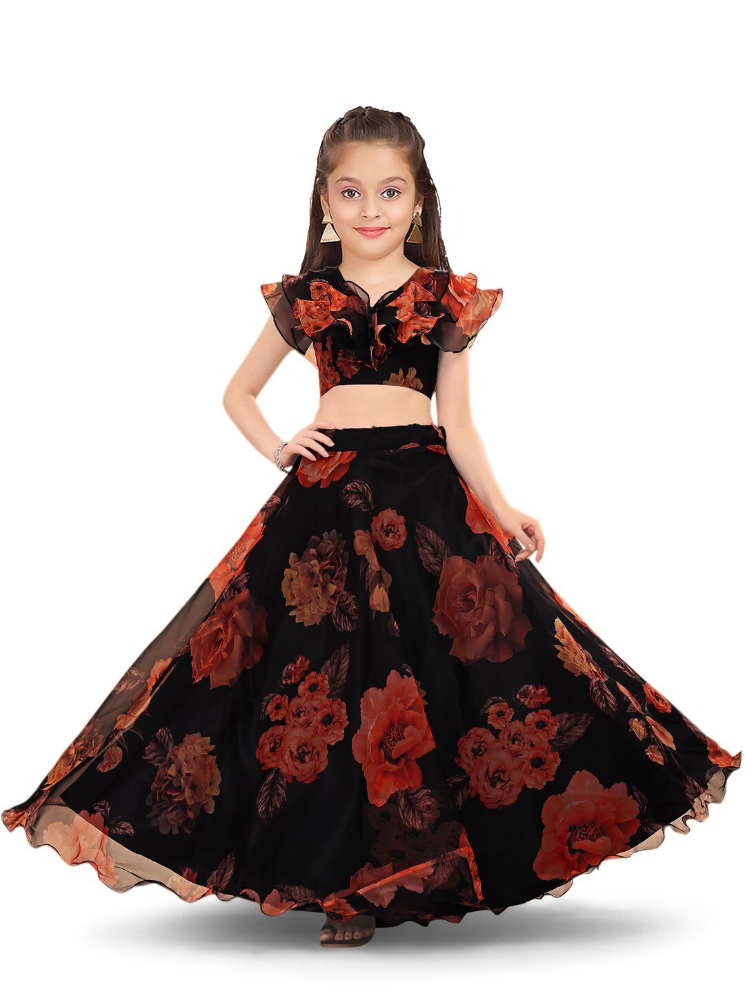

Kedar Fab Girls Thread Work Semi-Stitched Lehenga & Unstitched Blouse, Black