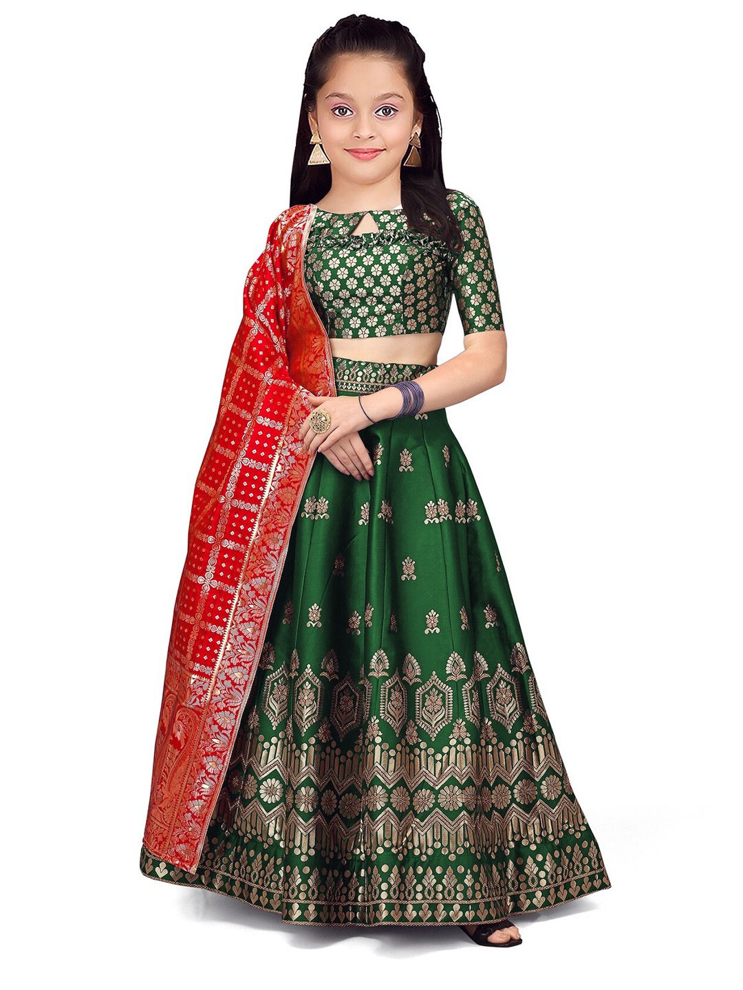 

Kedar Fab Girls Semi-Stitched Lehenga & Unstitched Blouse With Dupatta, Green