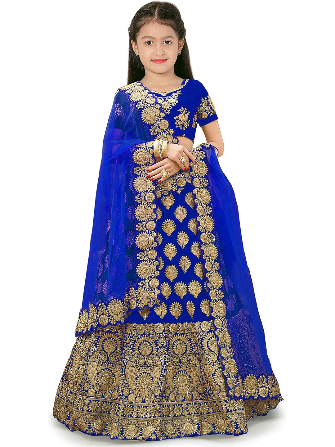 

Kedar Fab Girls Embroidered Thread Work Semi-Stitched Lehenga & Unstitched Blouse With, Blue